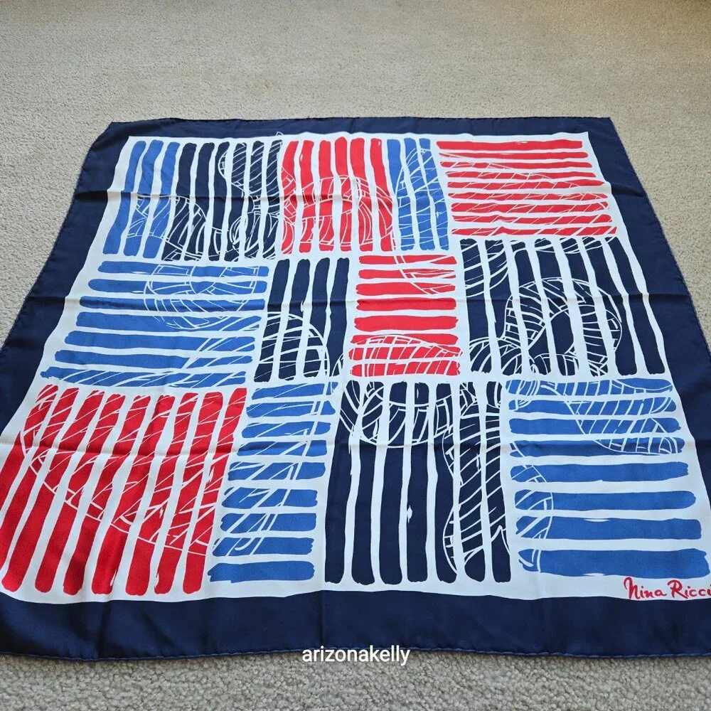 Nina Ricci Silk Twill Square Scarf Hand-rolled Red White Blue Heart